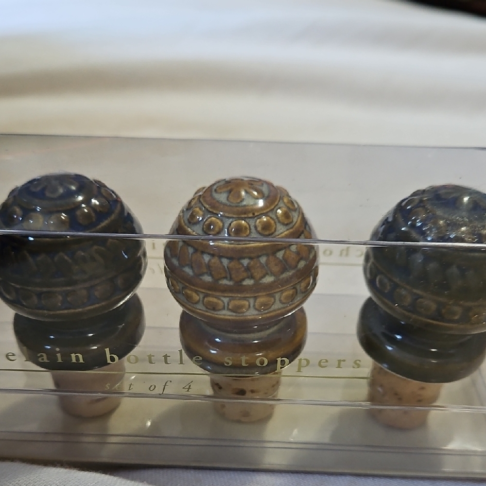 Vintage NWT Set Of 3  Pier 1 Porcelain Cork  Bottle Stoppers - Navy and Tan
